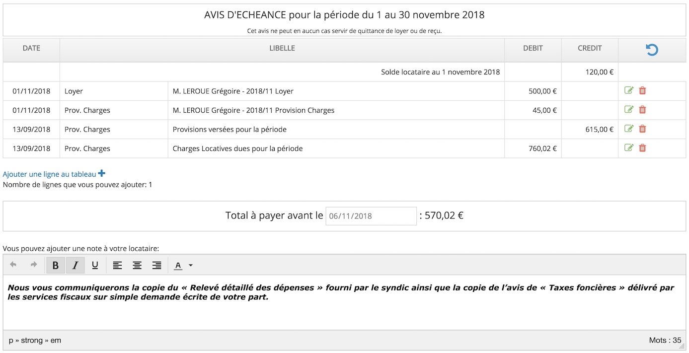 régularisation des charges locatives sur avis d'échéance