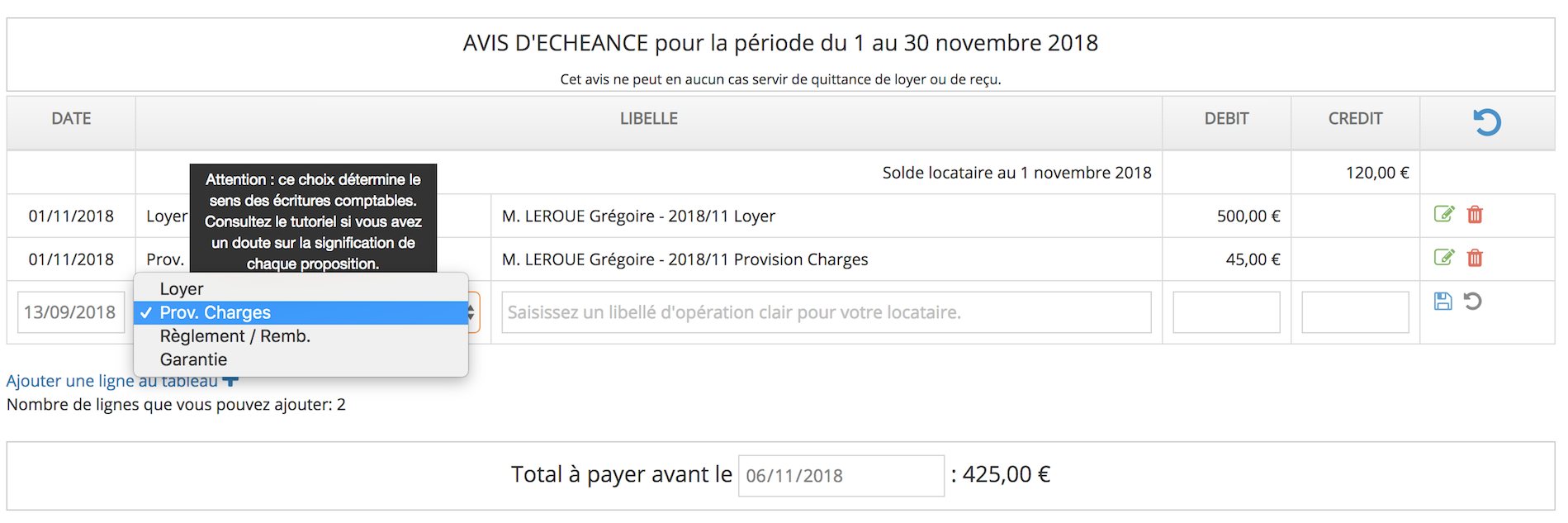 Ajouter une ligne de charges locatives