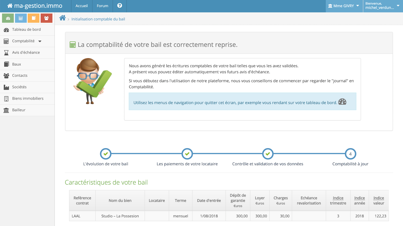 écran de confirmation de reprise de comptabilité