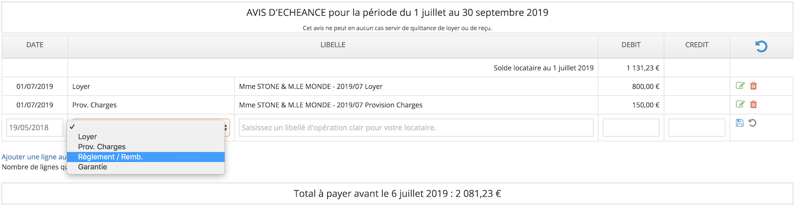 ajout d'une ligne de facturation à une avis d'échéance