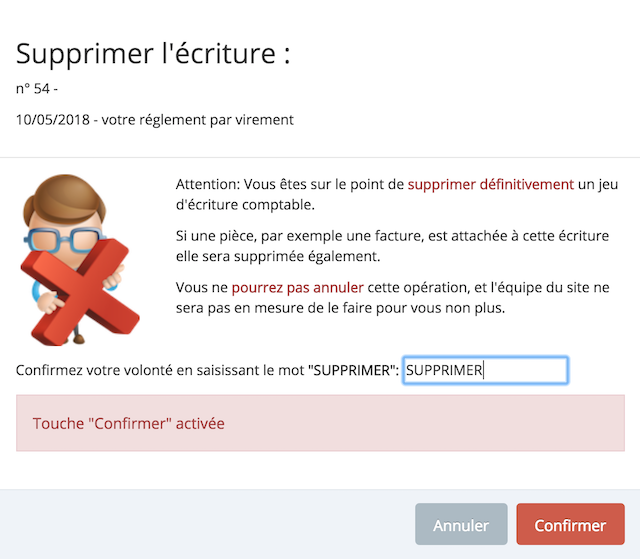 Confirmez toujours la suppression d'une écriture comptable du livre journal