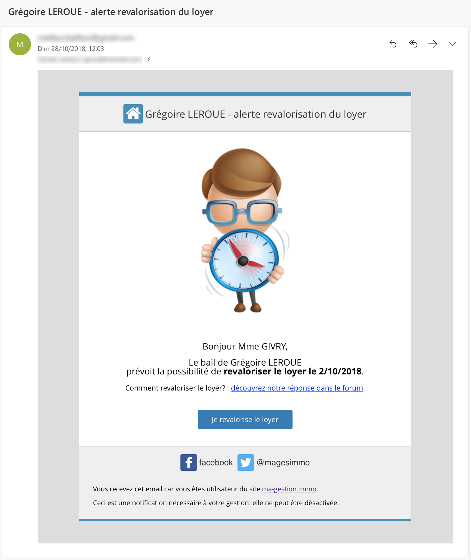 message alerte email de revalorisation du loyer